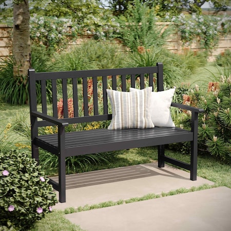 Flash Furniture Adele Patio Acacia Wood Bench, 2-Person Slatted Seat Loveseat for Park, Garden, Yard, Porch, Black LTS-0525-BK-GG